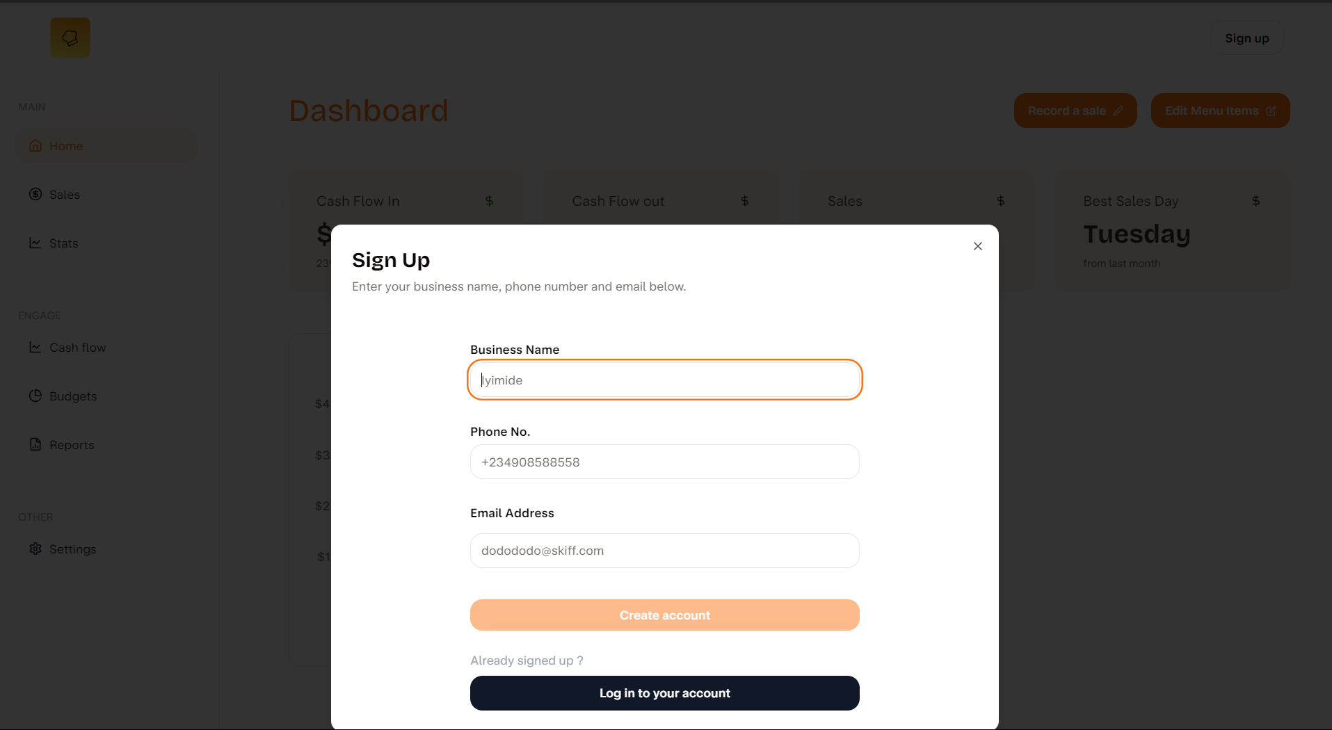 "Screenshot showing a signup modal"