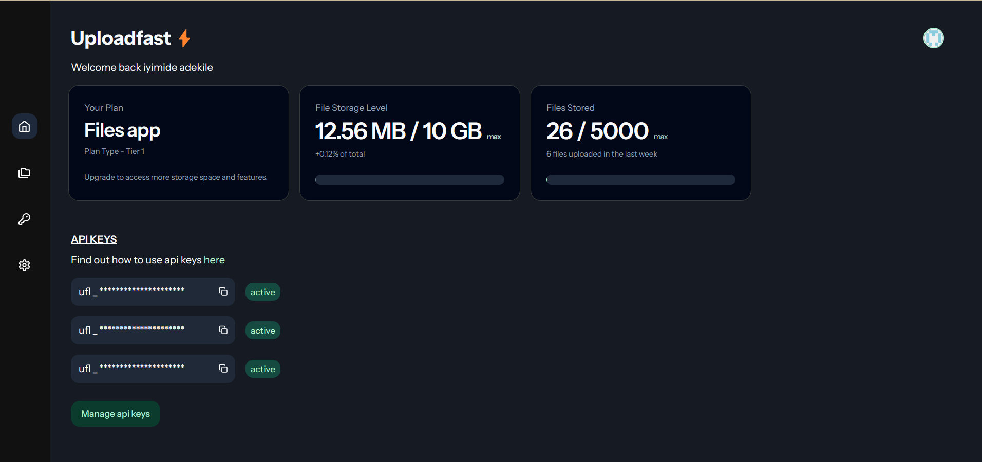 "Screenshot showing Uploadfast dashboard"